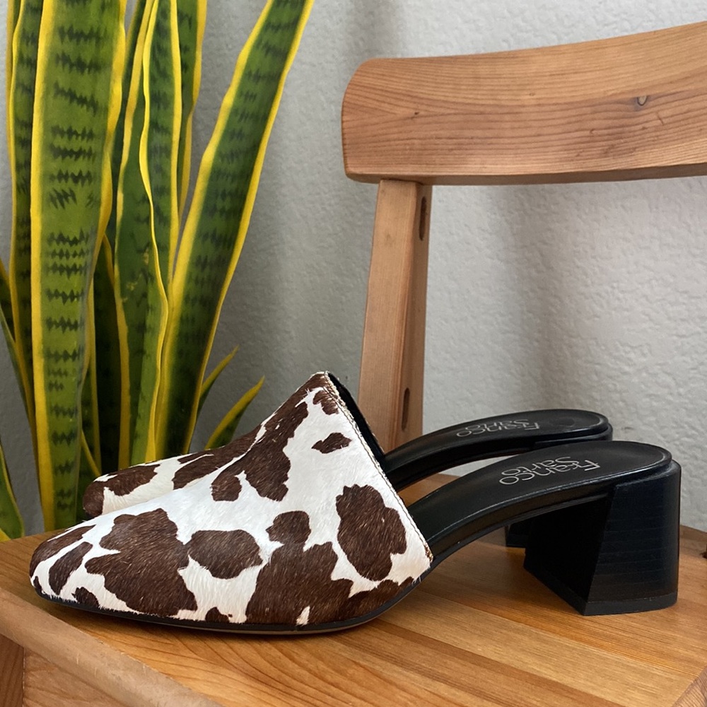 Franco Sarto Cow Printed Square Heel Mules with Calf Hair Neo 7